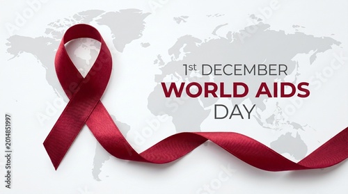 Red awareness ribbon on world map for World AIDS Day on December first