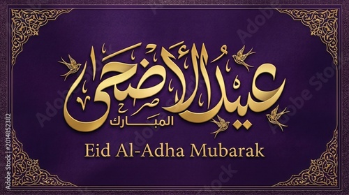Eid Al-Adha Mubarak greeting card with gold arabic calligraphy on purple ornate background