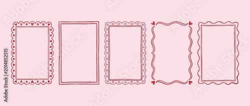 Set of hand drawn frames in coquette style, Whimsical Valentines Day vintage vector frames set,. Vintage line art corner sketch. Hand drawn coquette trendy cute wedding, menu, birthday invitation.