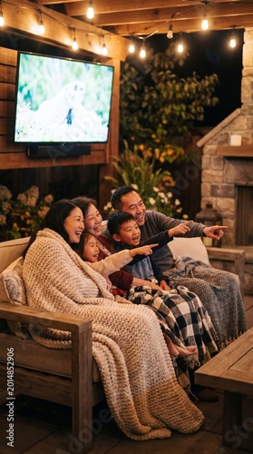 A multigenerational Asian family experiences the pleasure of outdoor television, enjoying quality time. With cozy, inviting atmosphere.