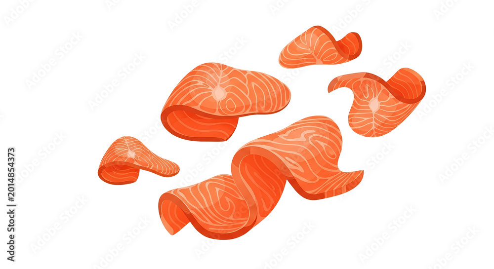 Fototapeta premium Fresh Sliced Salmon Fillets Floating on White Background, Vector Illustration of Raw Red Fish Sashimi Pieces