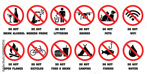 No alcohol, pets, drones, and food allowed vector sign collection for safety.