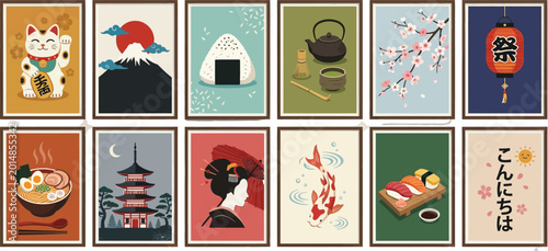 Japanese Culture and Cuisine Minimalist Vector Illustration Set