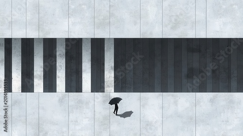 Overhead view of person walking on giant piano keys with umbrella shadow