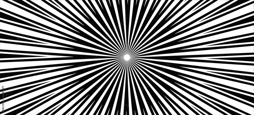 Fototapeta premium Sun ray light. Sun rays background. Radial burst. Sunburst black pattern isolated on white background. Beams line. Radiate sunlight. Comic effect texture. Retro pop art stripe. Eps10