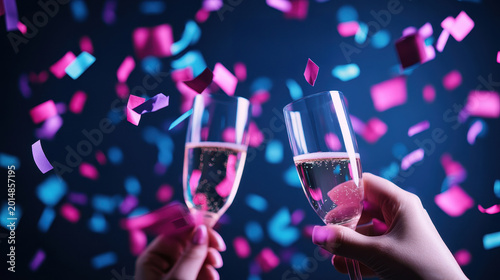 Celebration with sparkling drink toast and colorful confetti falling