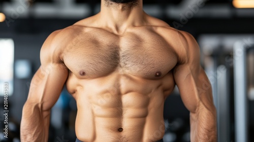 Close-up of muscular male torso with defined chest and abdominal muscles