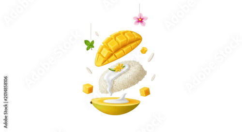 Levitating Mango Sticky Rice with Coconut Milk Cream Sauce and Fresh Mint Leaves Illustration on White Background