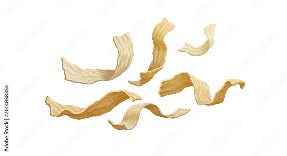 Obraz premium Wavy brown flakes and thin organic strips isolated on white background