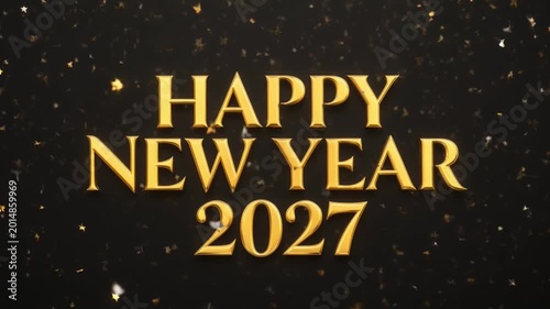 Festive Golden Text 2027 Happy New Year Greeting on Elegant Black Background with Glittering Confetti Effect