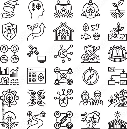 Tableau sur toile Landback & Indigenous Sovereignty Line Icons Set – 30 Minimal Black Outline Vect