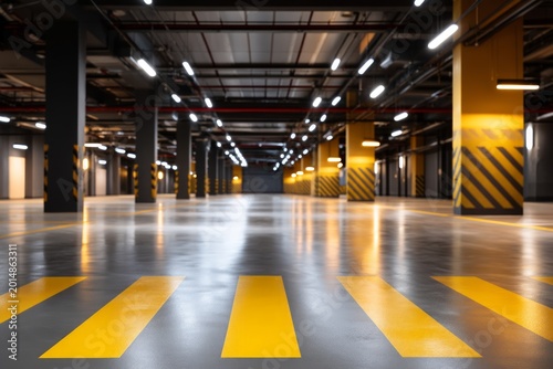 Empty Industrial Basement Parking Level at Night with Bright Yellow Stripes and Lights
