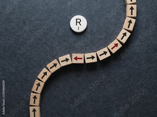 Illustration of arrows on wooden blocks arranged in a yin yang symbol shape