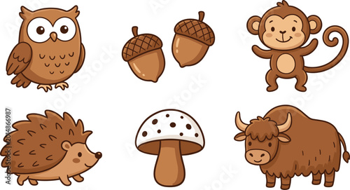 Photography Brown Color Object Set for Children Learning Featuring Cute Owl Monkey Hedgehog