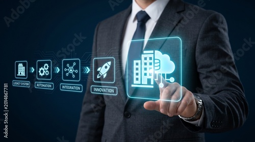 Digital transformation concept with businessman touching a glowing interface showing business evolution from legacy systems to cloud technology