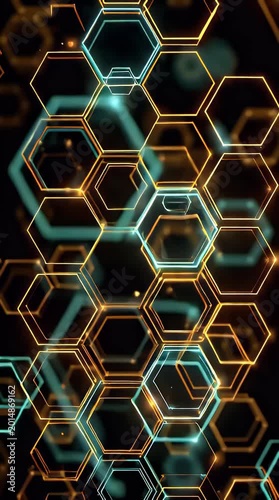Abstract futuristic background with glowing golden and teal hexagonal network pattern representing technology connectivity data science innovation and digital transformation concepts