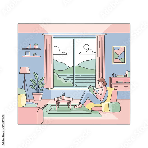 Cozy living room with woman reading book, pastel colors, view of nature landscape