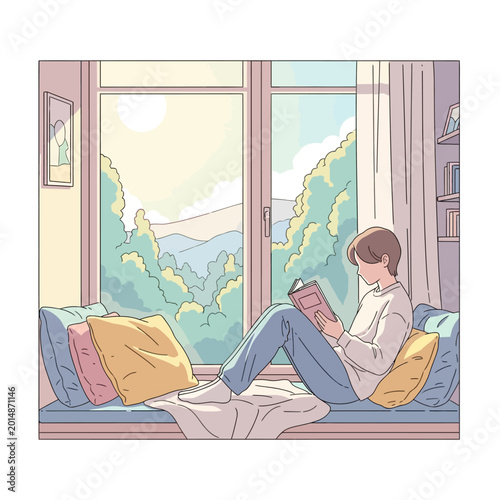 Cozy Reading Nook by Window, Person Reading Book, Calm Morning Sunlight, Nature View
