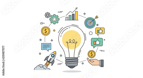 Creative concept represented by lightbulb and business icons on white background