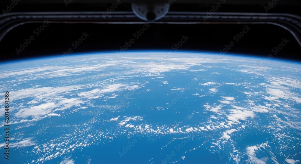 Obraz premium Wide angle shot from a space station observation window looking down at a blue planet with white clouds swirling over a vast ocean surface, craft, flare, immense