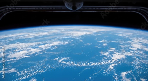 Wide angle shot from a space station observation window looking down at a blue planet with white clouds swirling over a vast ocean surface, craft, flare, immense