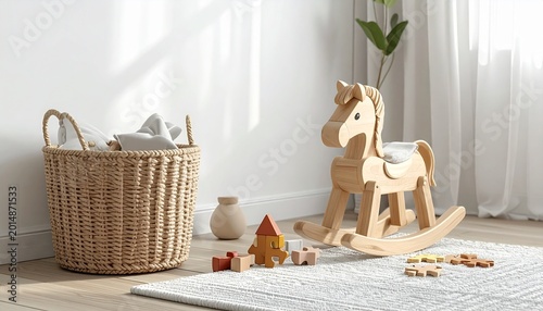A wooden rocking horse sits beside a wicker basket on a rug with toys in a bright room with white curtains.