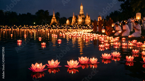 beautiful floating lotus lanterns water night temple celebrating vesak buddhism holiday