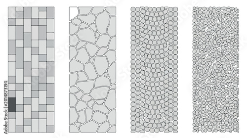 Paving stone patterns vector set, cobblestone and brick walkway textures, grey masonry floor tiles for architectural landscaping and garden design