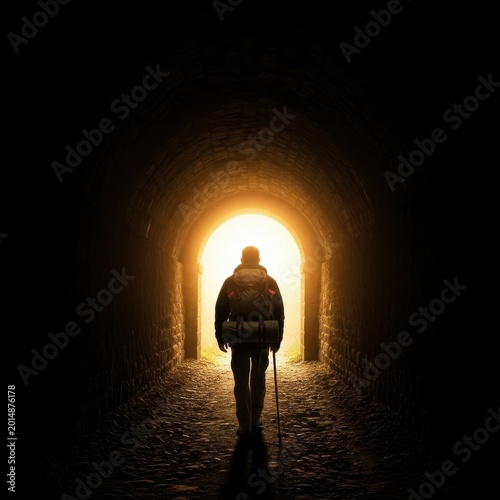 Silhouette of a Person Walking Towards the Light at the End of a Tunnel.