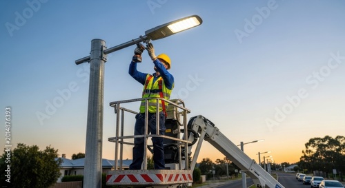 Worker installing streetlight on aerial lift at sunset