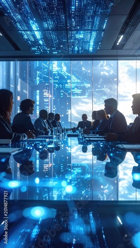 A group of professionals are engaged in a serious meeting within a modern, high-tech office overlooking a futuristic cityscape.