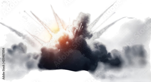 A massive volcanic eruption with a bright glowing explosion, thick dark grey smoke, and flying debris against a black background