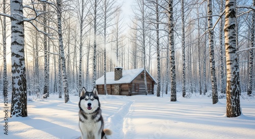 Siberian Husky Dog in Snowy Winter Forest Landscape.