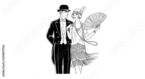 Photos Elegant Couple 1920s Style: Man in Tuxedo, Woman with Flapper Dress and Fan