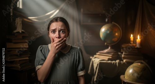 Shocked Woman Covers Mouth in Dramatic, Atmospheric Scene.