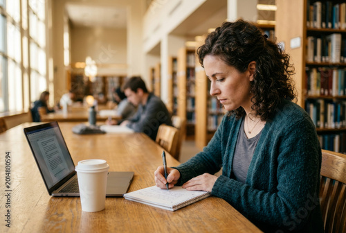 Woman in her 30s studies at a sunlit community college library with notebook and laptop, depicting adult learner returning to school for skills and career growth.