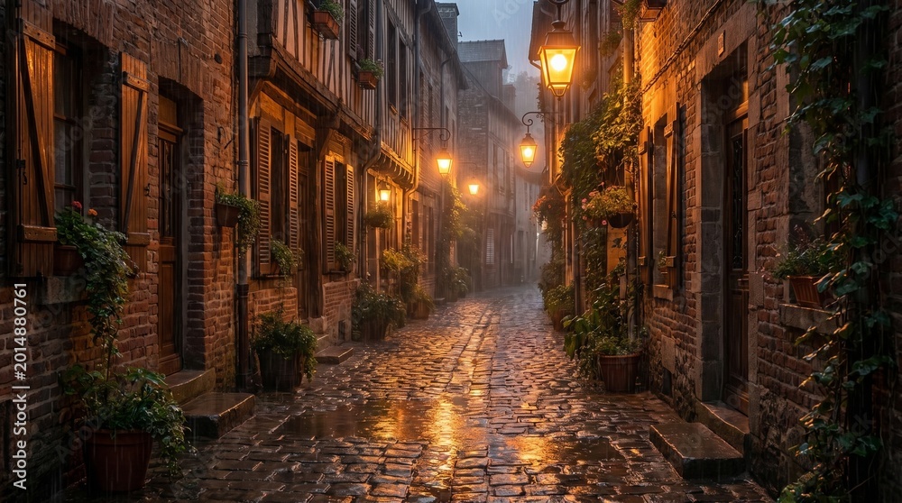 Obraz premium Charming Rainy Old Town Alley with Lanterns