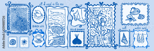 Sea life and beach stamps in doodle sketch blue ink style. Summer vacation postal elements with lettering for postcard prints. Ocean vector illustrations for mail, letters and sticker set.