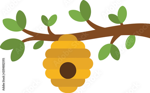 Foto Beehive hanging on tree branch with leaves vector illustration,