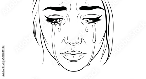 Obraz na plátně Sad Woman Crying Face Black and White Line Art Drawing