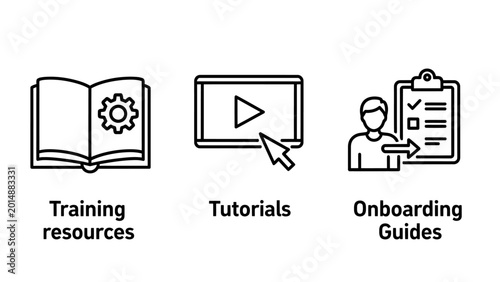 Corporate training and employee onboarding icons including digital tutorials manual resources and guide documentation for professional skill development with training resources tutorials onboarding