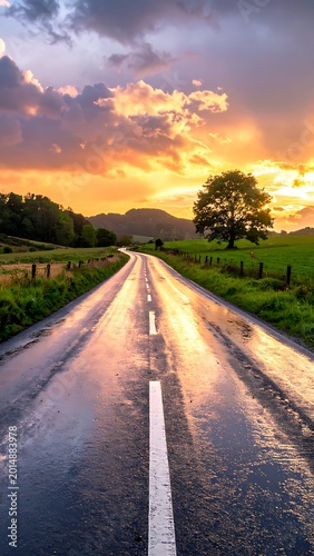 Wet road stretching into sunset landscape.