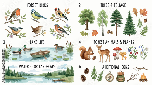 Watercolor forest birds and animals collection, woodland trees and foliage vector set, lake life landscape with ducks and camping icons