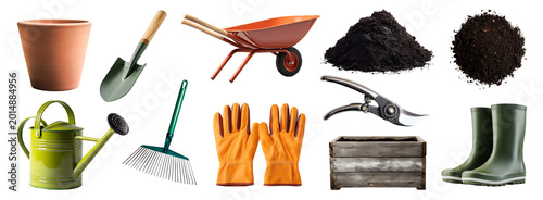 Set of planting gardening farming tool kit equipment, watering can, rake shovel spade, rubber boots, fertiliser soil, pruning shears, wheelbarrow, glove, garden bed pot, transparent cutout PNG mockup