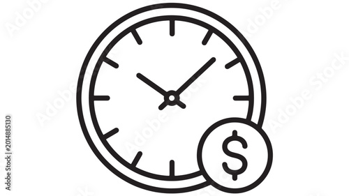 Clock icon with stopwatch outline and dollar sign coin symbol for finance, pricing, and time management concept