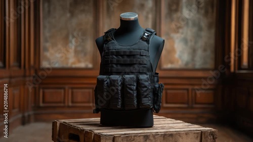 High-Quality Tactical Bulletproof Vest Display on Mannequin in Elegant Interior