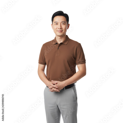 East asian man in a brown polo shirt and light grey pants standing confidently against a white background, captured with a professional corporate portrait atmosphere