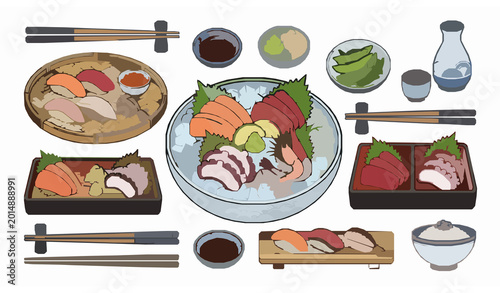 Japanese sashimi outline icon collection with seafood platter and restaurant food symbols