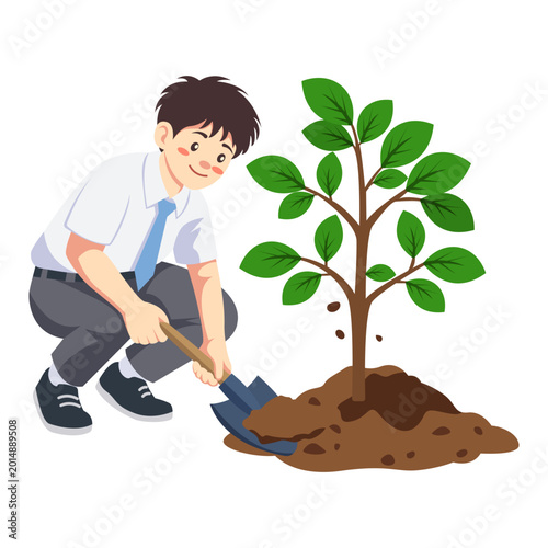 Male Student Planting Tree While Digging Soil And Caring For Environment In School Activity