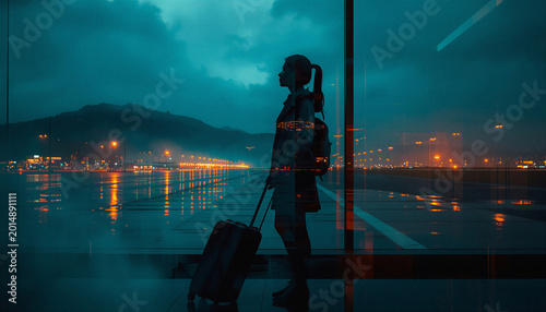 surreal double exposure cinematic composition, side profile of a young woman standing at a night airport platform with a suitcase, emotional departure moment, inside her silhouette visible a dramatic 